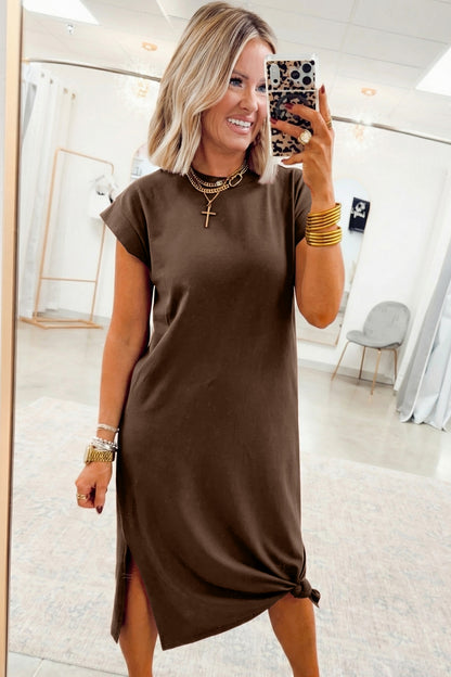 Red Sandalwood Solid Color Long T Shirt Dress with Slits