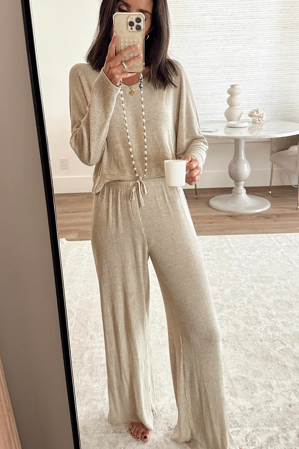 2pcs Jet Stream 3D Ribbed V Neck Pullover Drawstring Pants Lounge Set