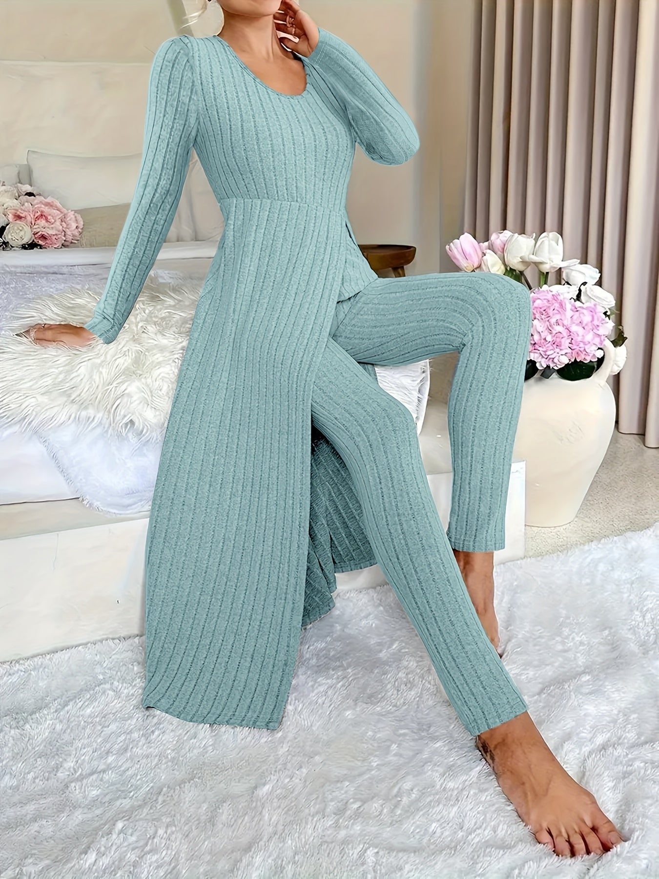 Ribbed Two-Piece  Long-Sleeved Top and Pants Set