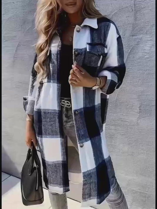 Stylish Plaid Print Womens Long Jacket - Relaxed Casual Button Front with Flap PocketsSl