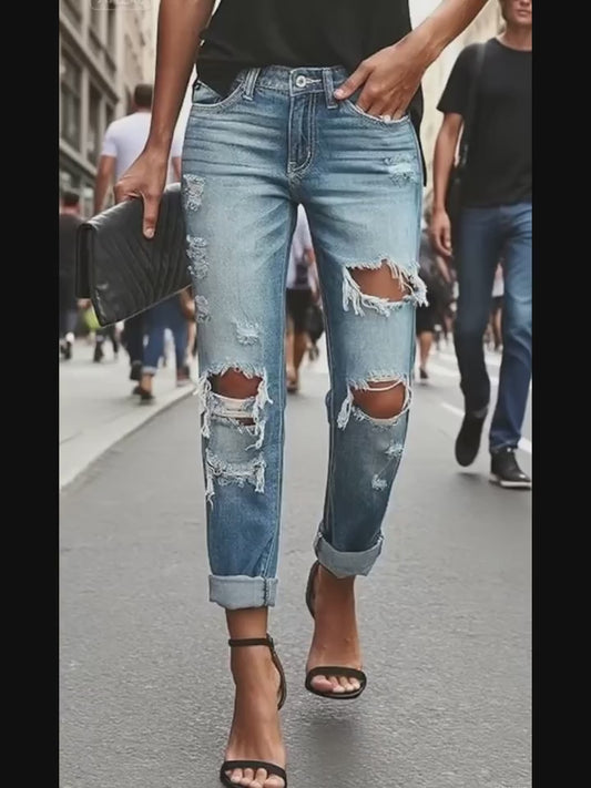Fashion Retro Ripped Stretch Street Cuffed Jeans
