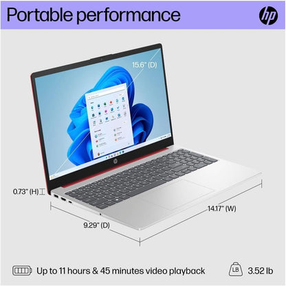 HP 15 Laptop 15.6" HD Pentium Quad-Core N200 16GB 128GB SSD Webcam Win 11 Red